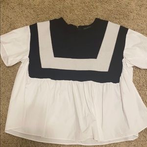 Blue and white blouse.